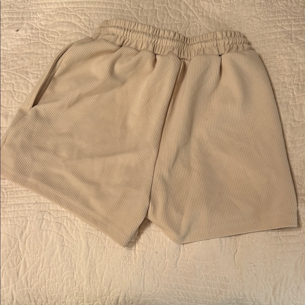 Beige Ribbed Drawstring Shorts - Picture 2 of 2